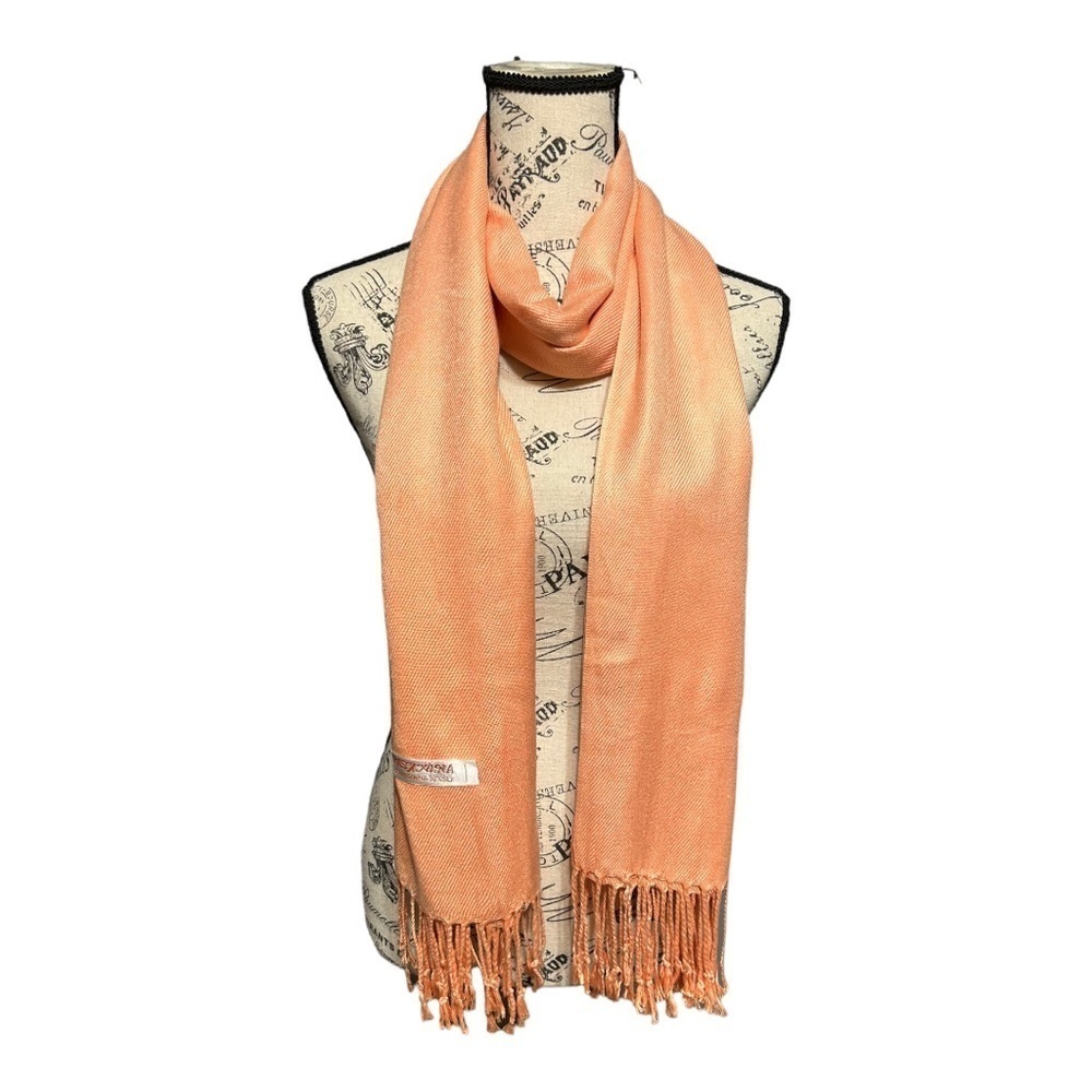 Pashmina Fine Wool Silk Blend Fringe Scarf Peach Coral Lightweight Neck Warmer